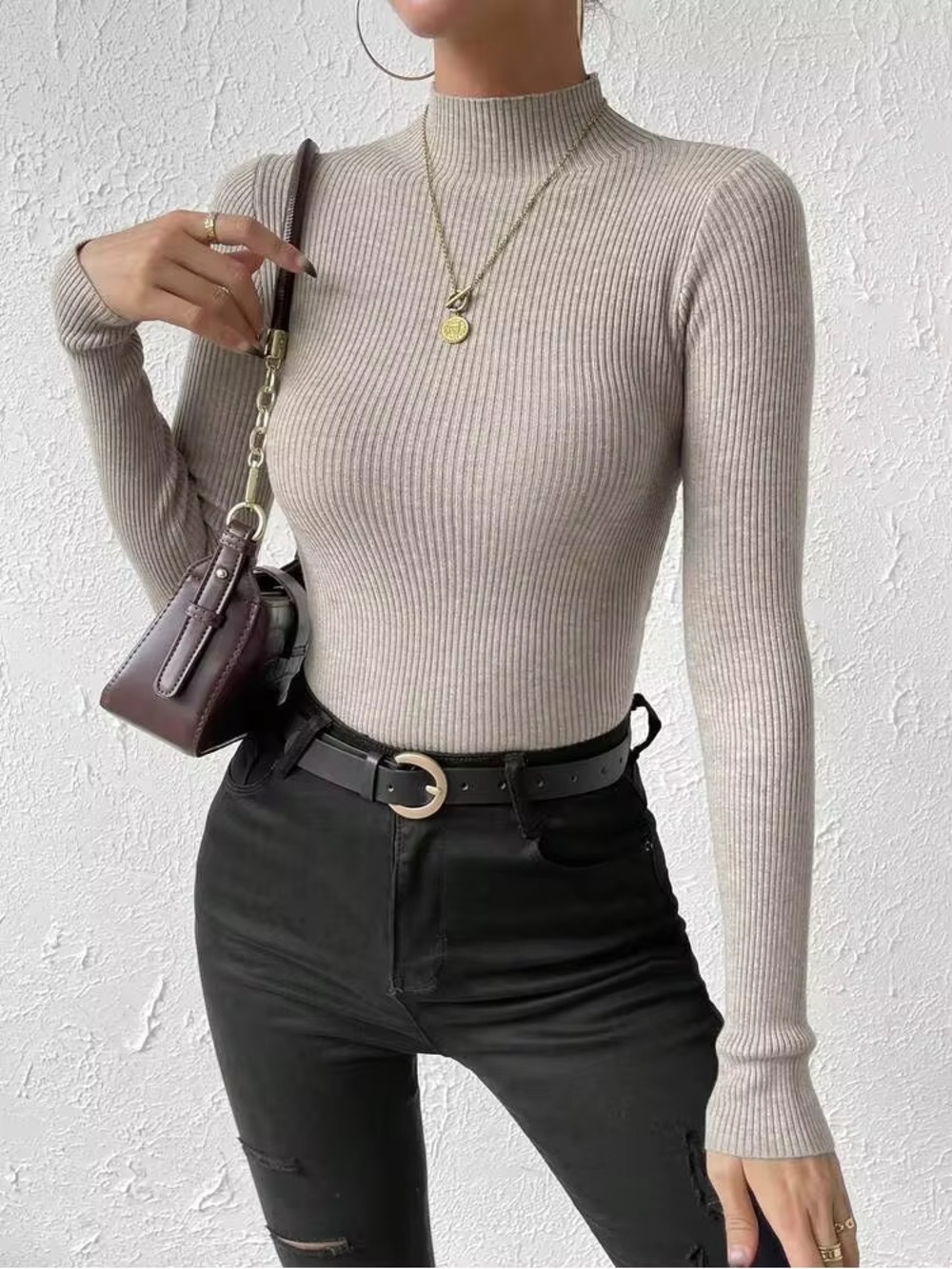 SHEIN Mock Neck Ribbed Knit Sweater,Long Sleeve Tops Knit Pullover